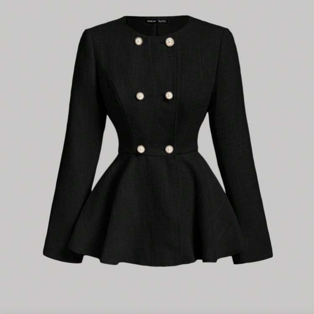 SHEIN Black Peplum Double-Breasted Blazer with Pearl Buttons